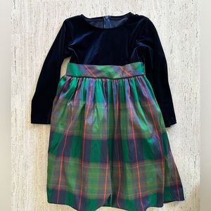 Navy Blue Stretch Velvet Long Sleeve Green Plaid Dress, Size 4T